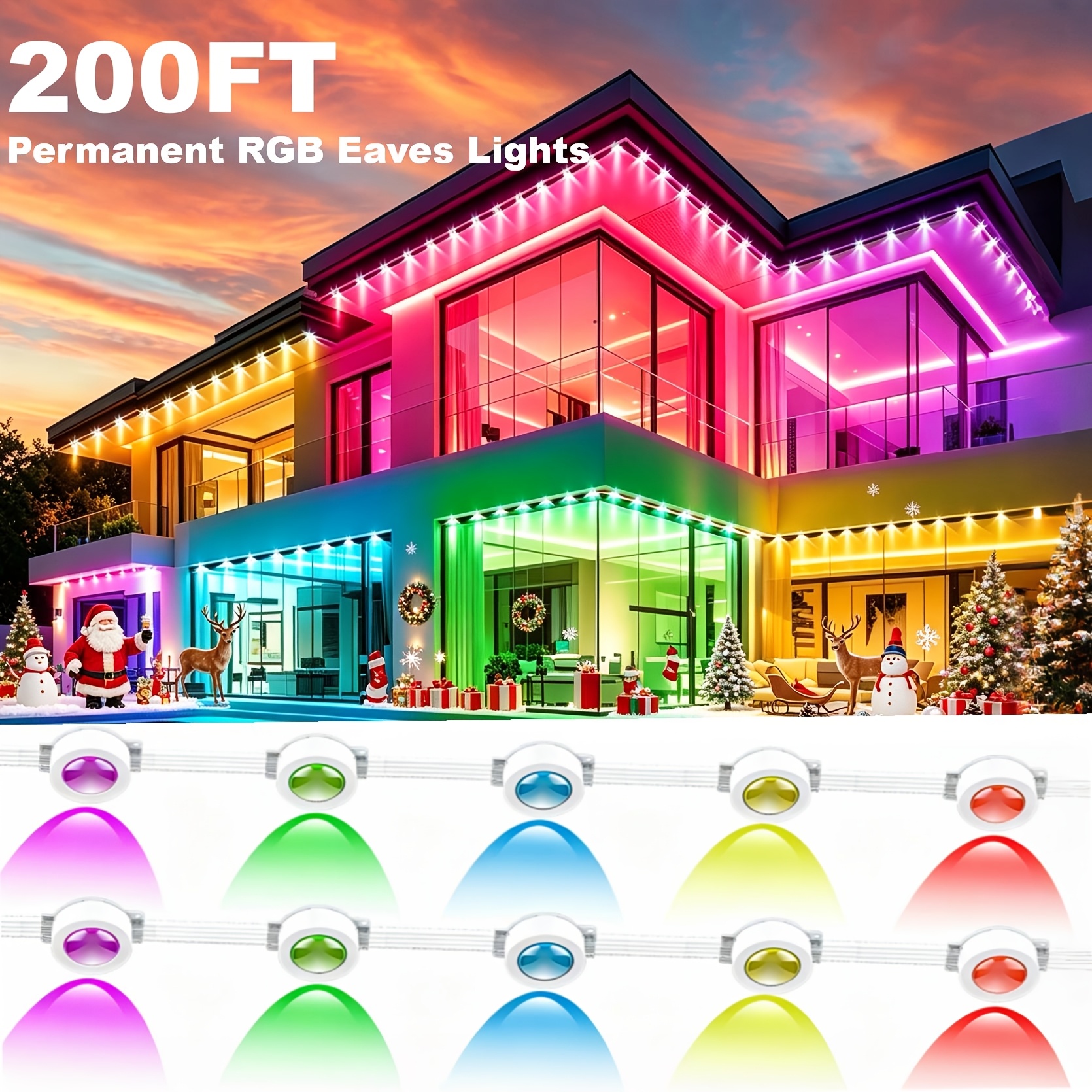 TEMU 200ft Permanent Outdoor Lights, Rgb Eave Lights, Ip68 Waterproof Outdoor Eave Lights, For Outdoor Decoration, Garden Decoration, Homes, Parties,