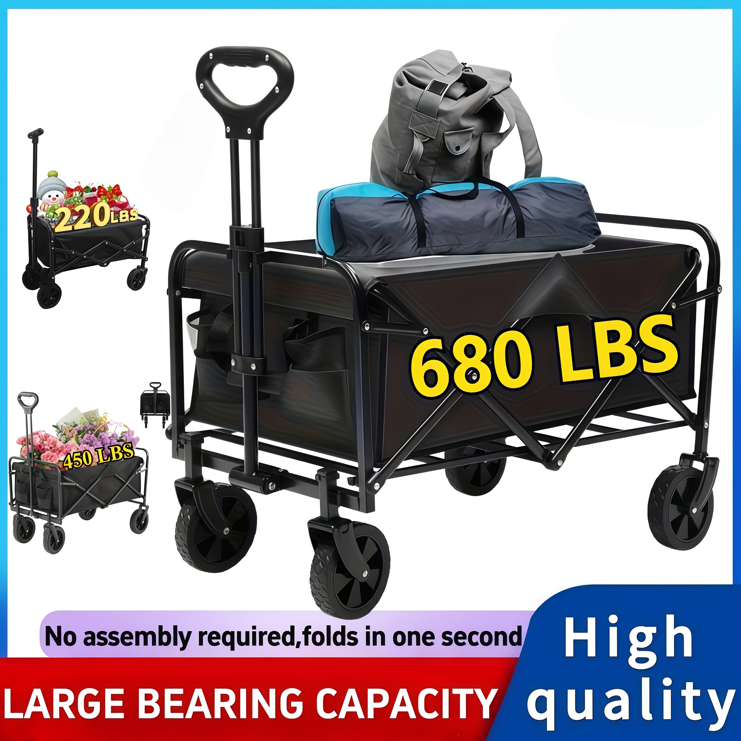 220LBS/ 450LBS/ 680LBS All Terrain Heavy Duty Folding Cart, Large Capacity Camper Suitable for Yard Shopping/ Sports/ Outdoor/ Gardening Equipment Handling, Black Multifunctional Utility Cart