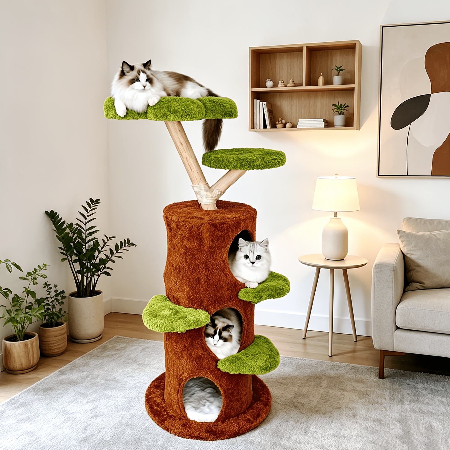 TEMU 1pc Style Large Cat Tree Tower Solid Wood Cat Tree Jumping Platform Multi Cat Condo House Cat Puppy Activity Center Furniture, Green & Brown,