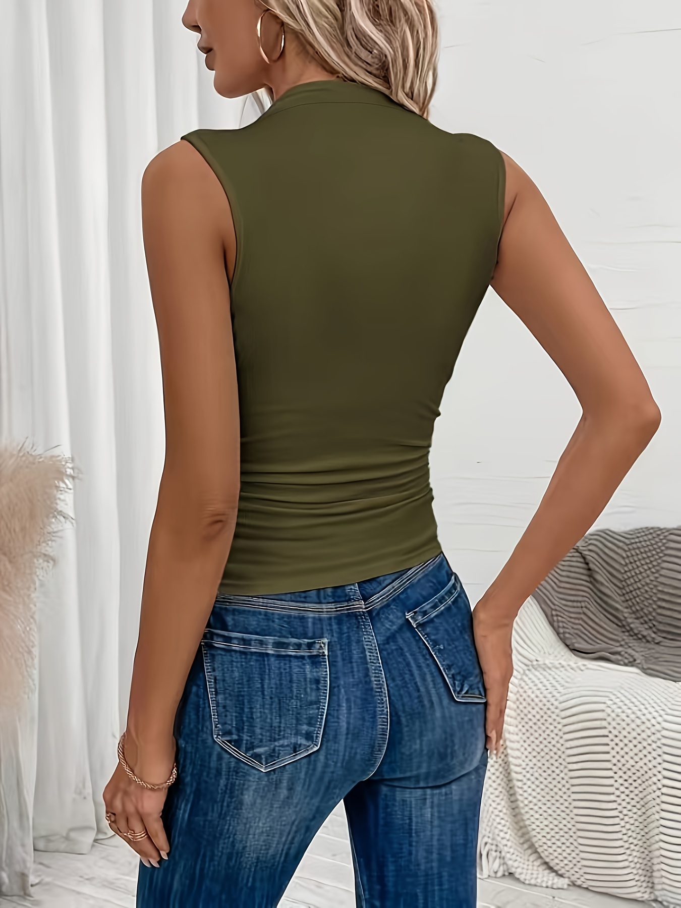Women'S Elegant Sleeveless Vest - Vibrant Red with Ribbed Cuffs & Waist Detail, Stretchy Polyester Blend for Spring/Summer, Machine Washable, Casual Chic Style