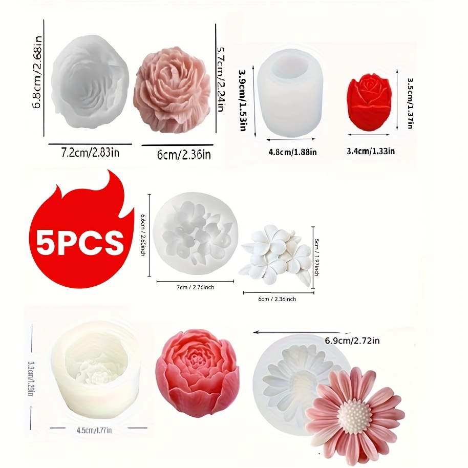 E-shop Ein Set aus 5 Kerzenformen aus der Floral-Serie, inklusive Formen für Rose, Rosenknospe, Pfingstrose, Gänseblümchen und Eierblume. für die