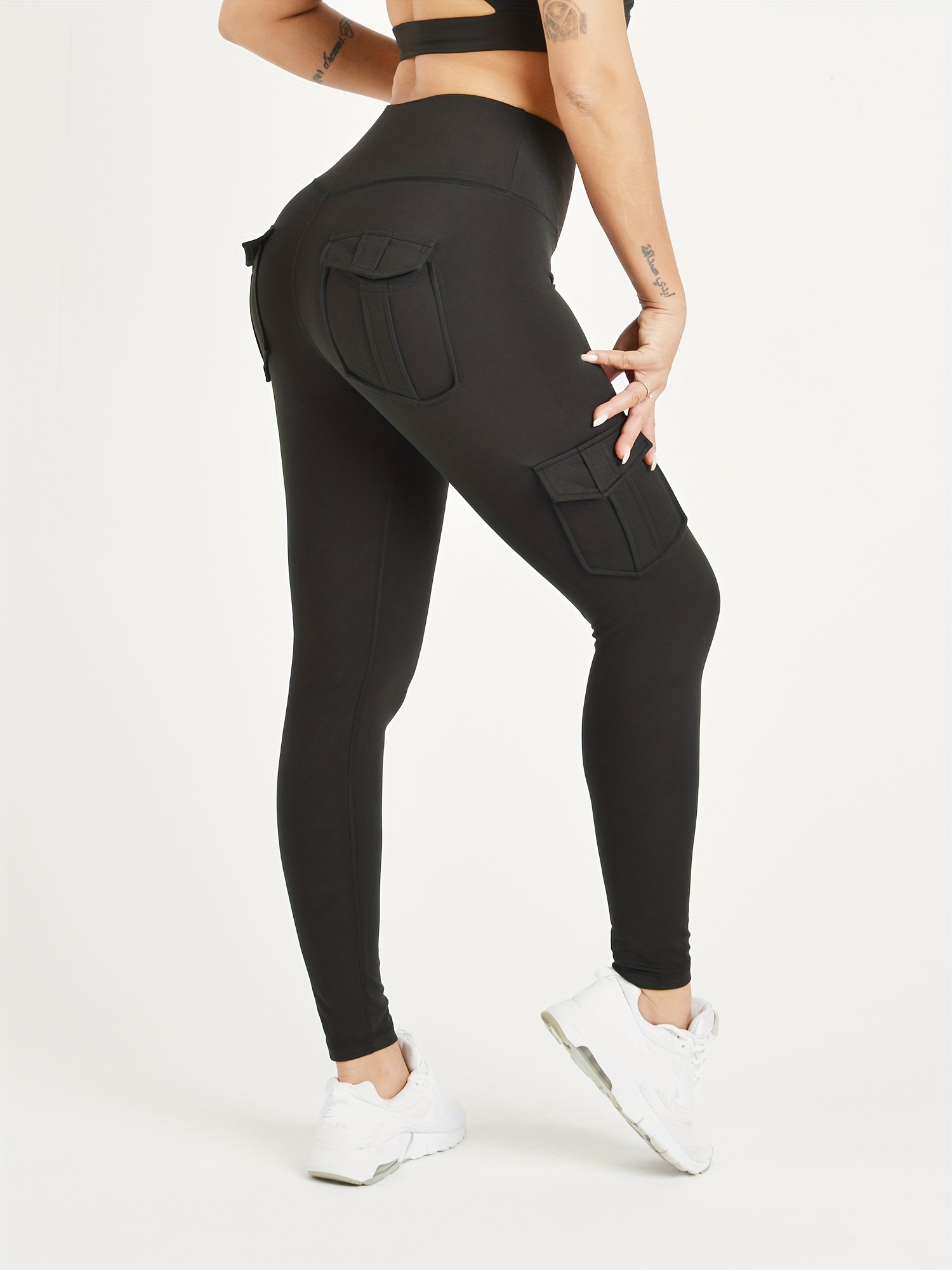 Womens Compression Cargo Yoga Pants Pockets High Waist Slim Fit Workout  leggings 