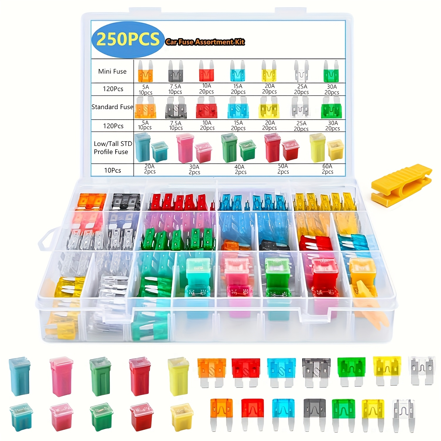 TEMU 250pcs Car Fuse Assortment Kit, Car Blade Fuses-standard Mini Size 5a 7.5a 10a 15a 20a 25a 30a Low Tall Std Profile Fuses For Cars, Trucks, Suv