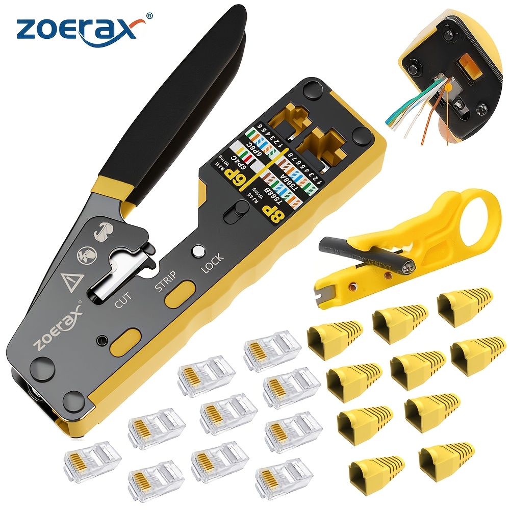 TEMU Zoerax Pass Through Rj45 Crimp Tool Kit Cat6 Network Crimping Pliers Ethernet Cable Stripper Cutter Tool Set With 10pcs Cat6 Connectors And