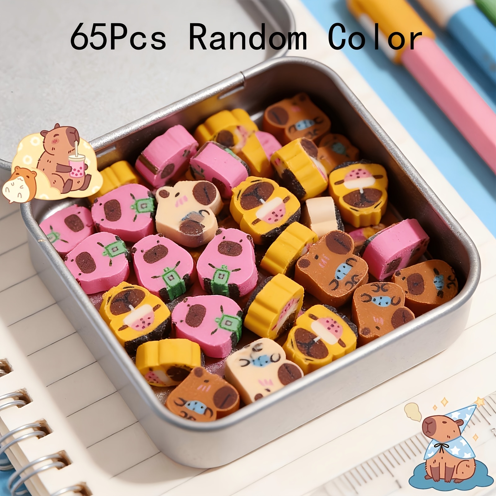 TEMU 65pcs Random Capybara-shaped Erasers, Cute Mini Design, Very Suitable For Classrooms, Home, School Rewards, Gifting, And Back-to-school Supplies