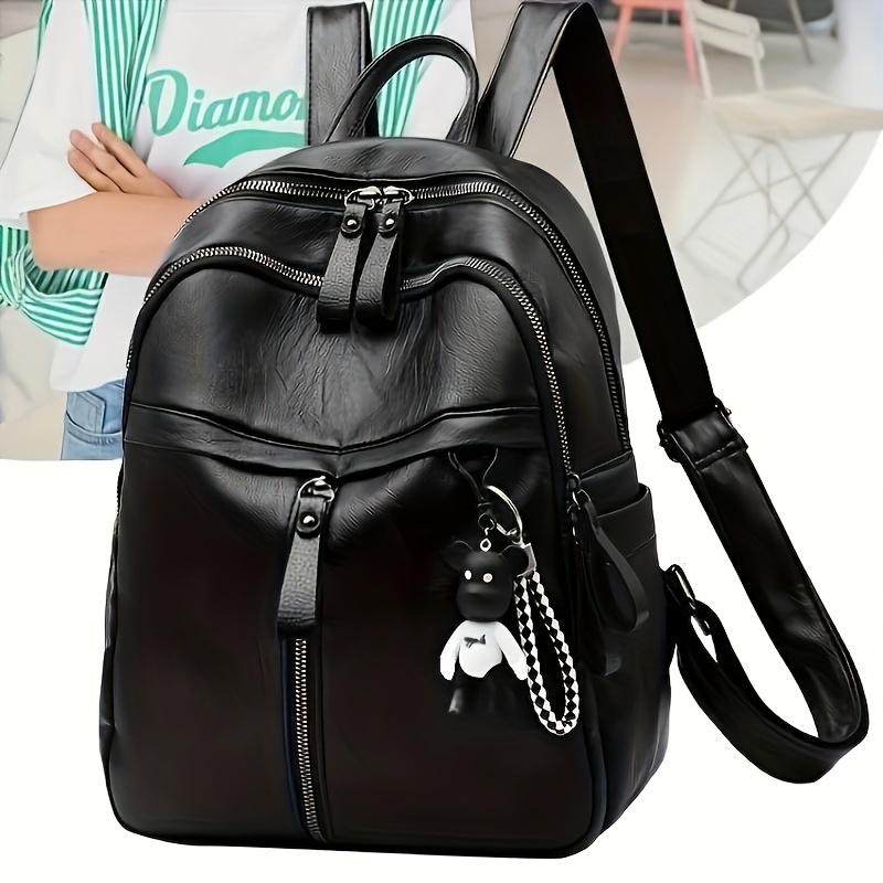 

Women's Fashion Backpack, Solid Color Casual Soft Bag With Adjustable Straps And Cute Bear Charm, Perfect For Everyday Use