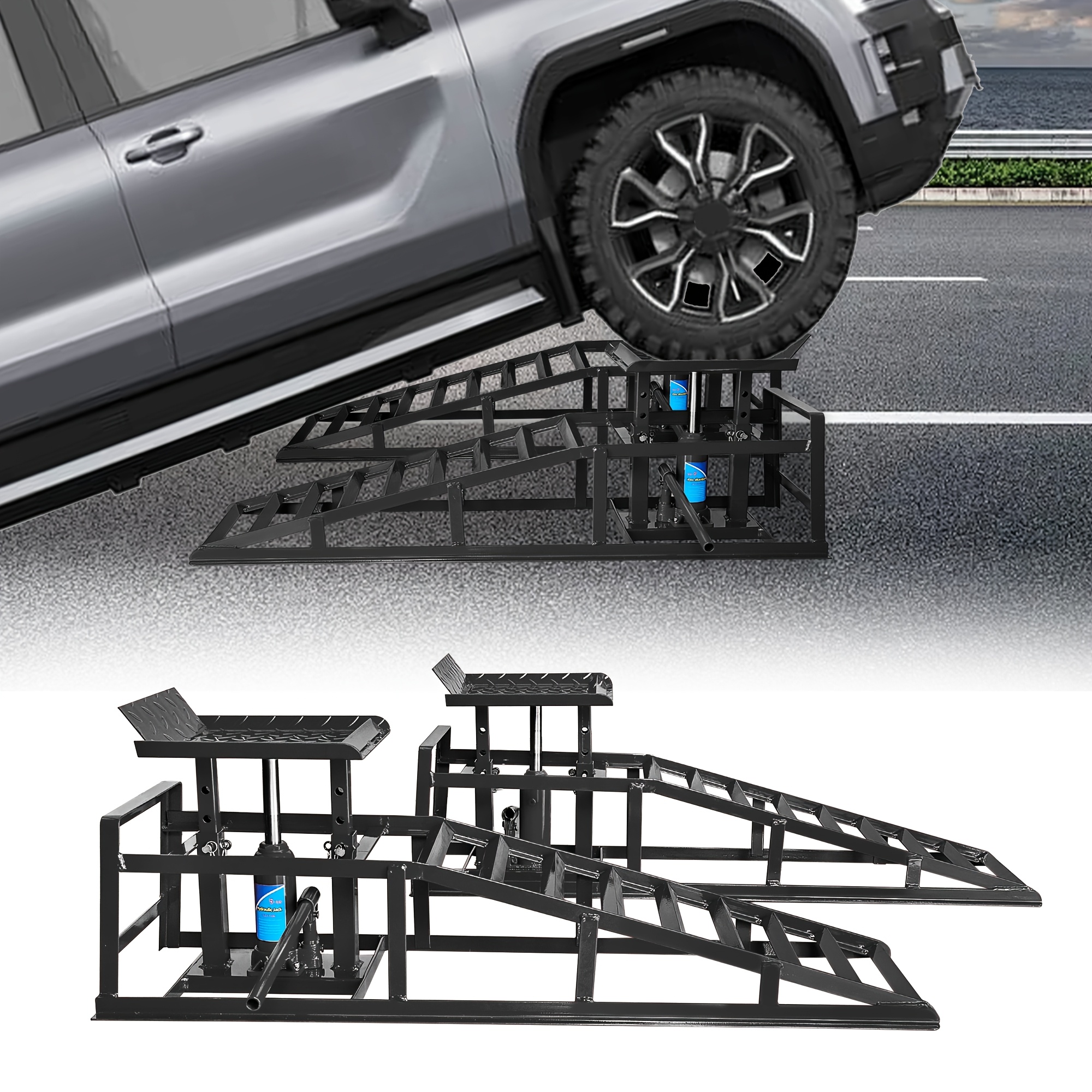 TEMU Car Ramps, 2pcs Hydraulic High-lift Service Vehicle Ramps, 5t (11050 Lbs), Car And Truck Wheel Ramps For Oil Change, With Supporting Crane,