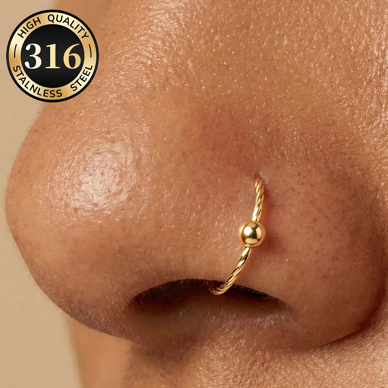 TEMU 1pc Twist Rope Nose Ring, 8/10mm 316 Grade Steel Ball Septum Ring, 20g Hypoallergenic Cartilage Piercing Body Jewelry