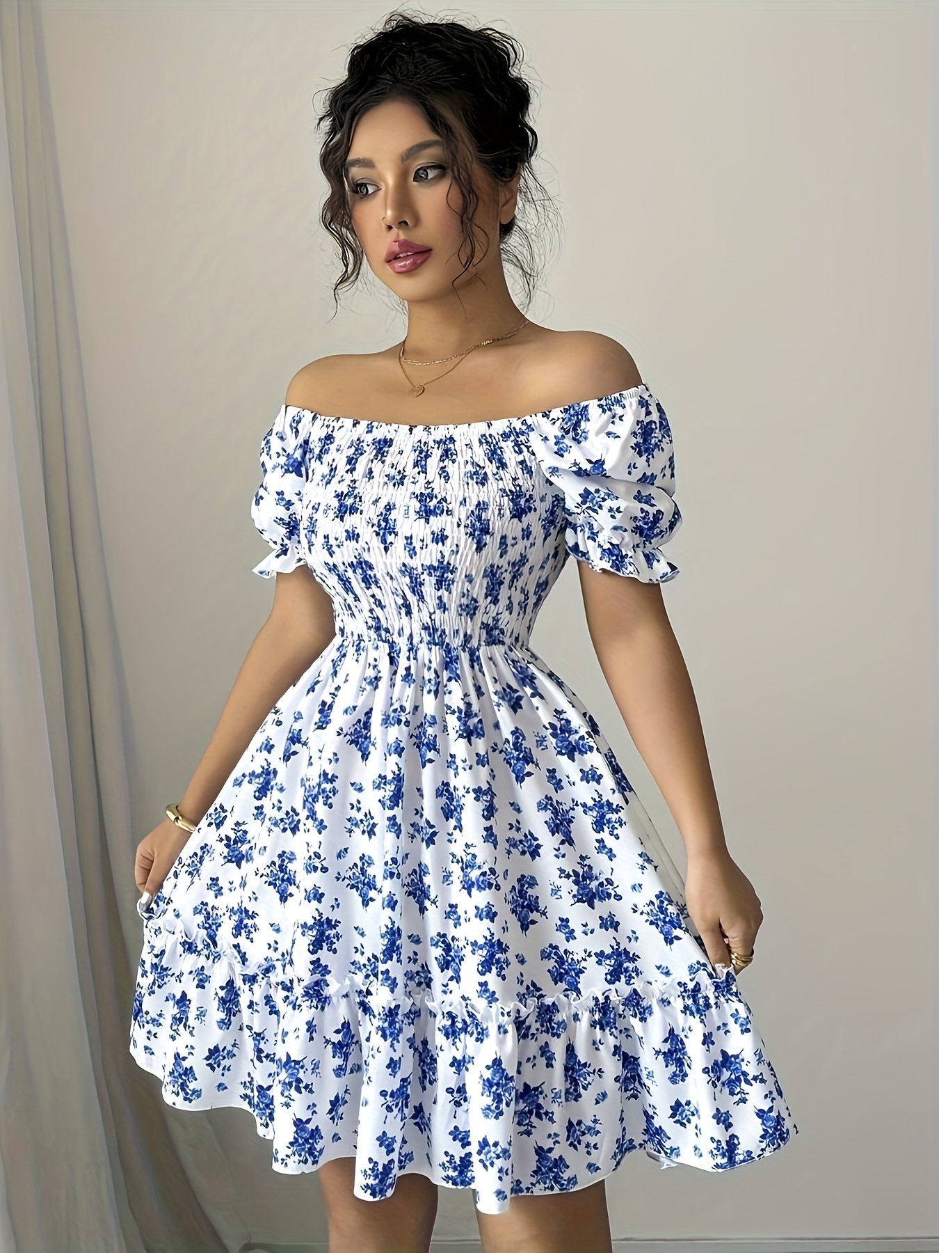 petite flowy summer dresses SHEIN PETITE Women's Elegant Flowy Cinched Waist Neck A-Line Dress,  Suitable For Vacation, Travel, Birthday, Photo Shoot, Versatile, Spring/ Summer ,Petite Women