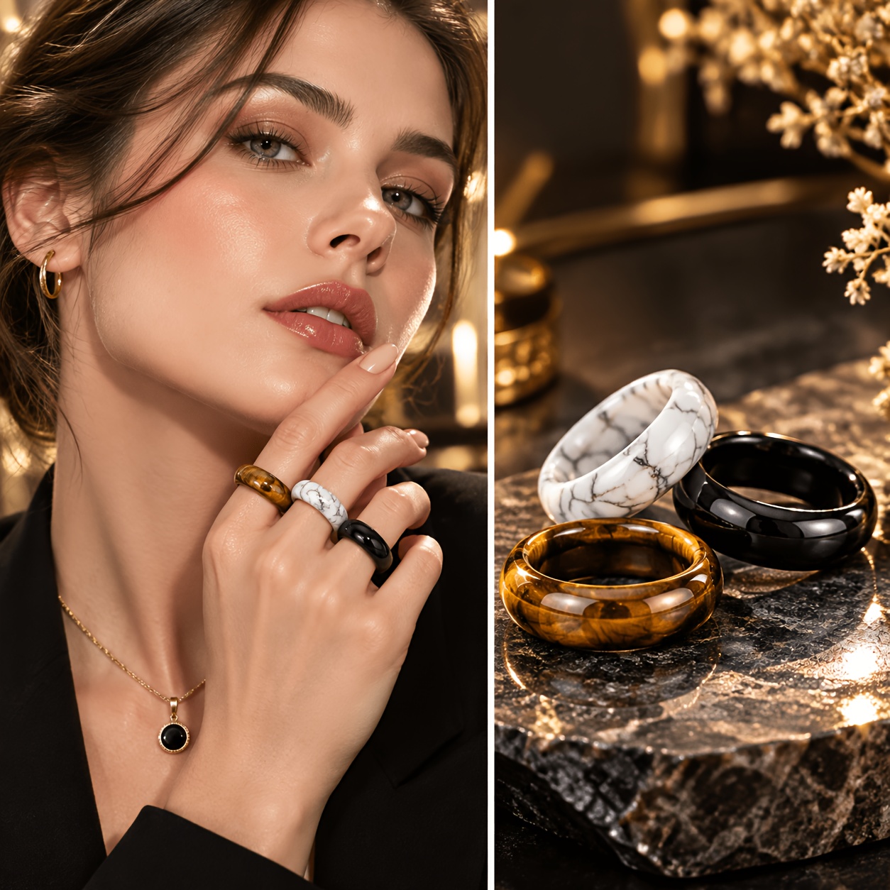 3pcs Natural Crystal Ring Set, Bohemian Stackable