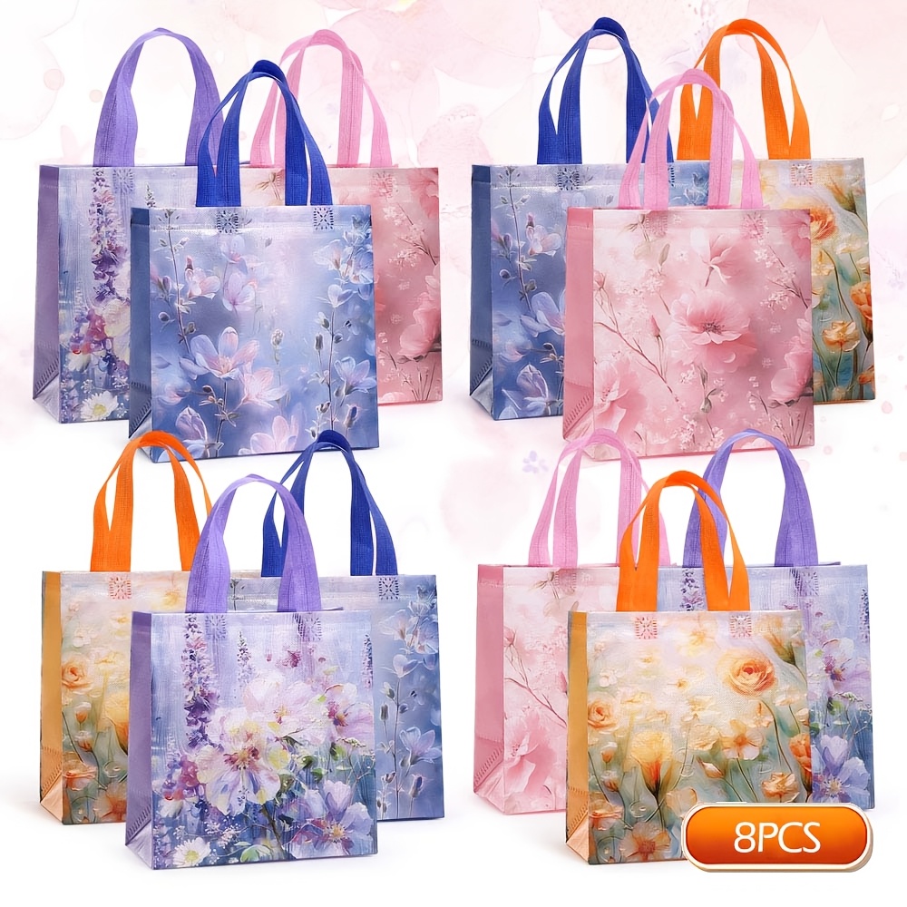 TEMU 8pcs Watercolor Flower Non Woven Handbag Light Color Peony Tulip Printed Gift Bag Fresh And Gentle Wind Companion Gift Bag Universal Handheld