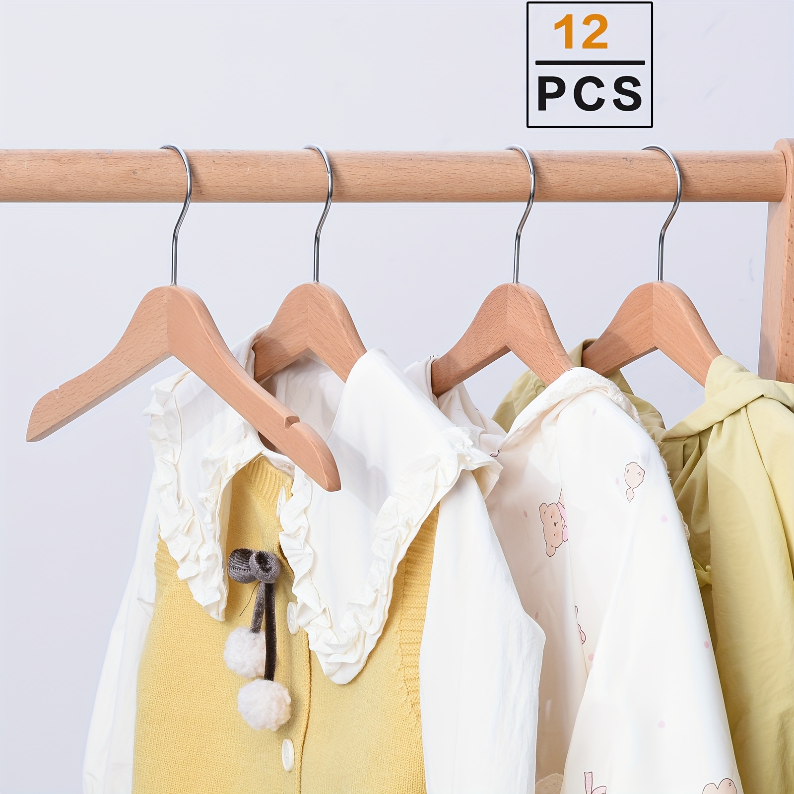 Image of 12pcs Set Of Children's Wooden Hangers, Made Of Solid Wood With No Burrs, Can Hang Clothes Without Slipping Or Lifting, Marks Or Shoulder Corners, Suitable For Children, Infants And Young Children