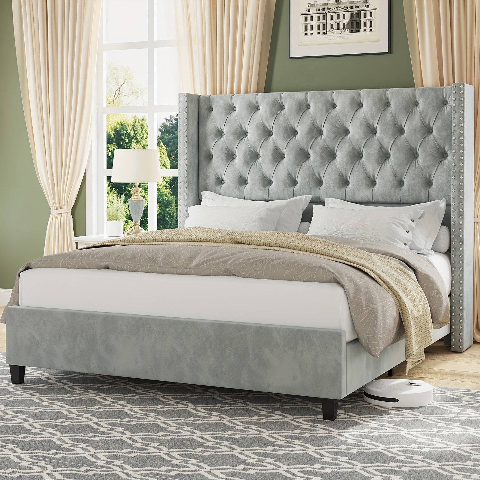 

Papajet Upholstered Bed Frame With 51.6" Wingback Headboard/velvet Fabric/deep Button Tufting/nail Head Trim