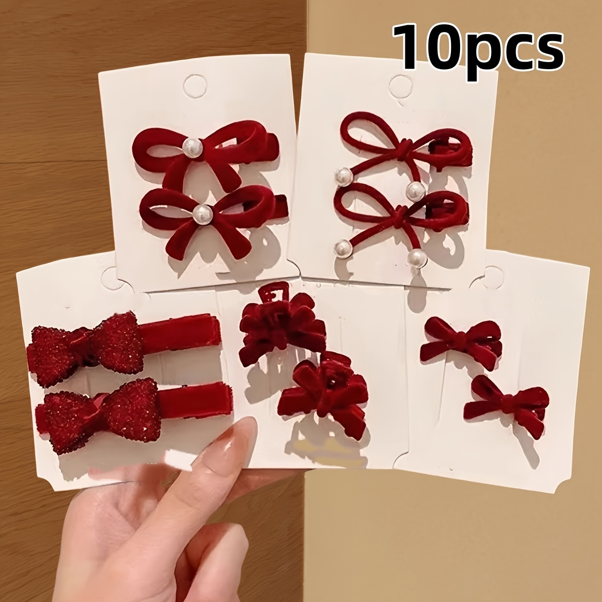 TEMU 2/4/10pcs Of New Year Red Pearl Velvet Bow Side Hair Clips, Suitable For Daily Parties And Side Bangs, -style Small Hair Clips, Fashionable