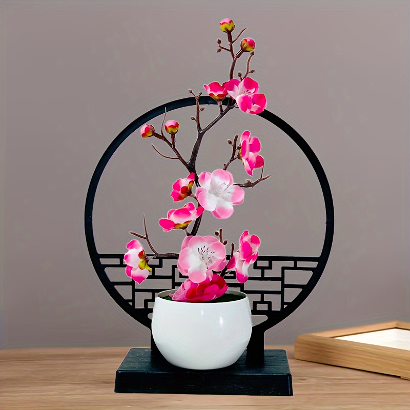 Image of 1pc Artificial Plum Bonsai With Chinese Style Screen Base, Fake Flower Potted Plant For Home Office Desk Zen Decor