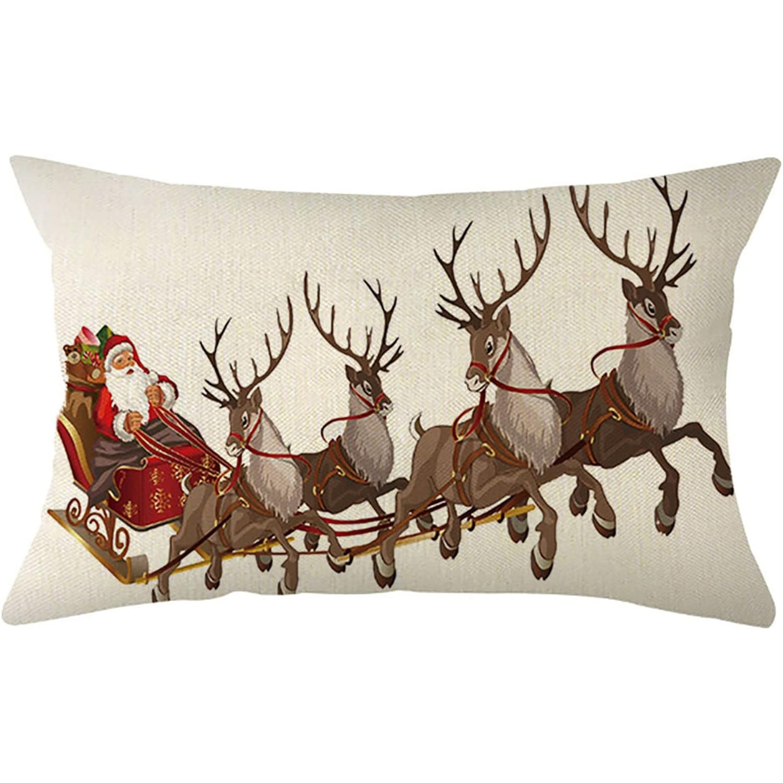 

Christmas Linen Throw Pillow Cover - Santa & Reindeer Design, 12x20 Inch, Zip Closure, Machine Washable For Sofa & Couch Decor (pillow Not Included)