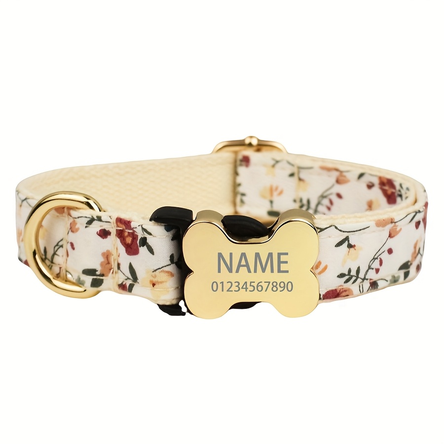 TEMU Gepersonaliseerde Bloemen Hondenhalsband met Metalen Gesp Gegraveerde Naam ID Tag Verstelbaar Zacht Comfortabel voor Alle Hondenmaten Groot