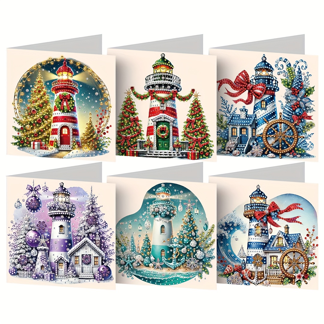 TEMU Een set van 6 diamond painting kits met kerstelementen, inclusief een groetkaart met een vuurtorenpatroon, die prachtige zegeningen overbrengt