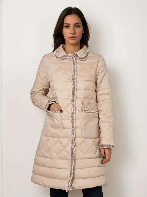 1pc 우아한 여성용 긴 소매 퀼트 다운 자켓, 레이스 디테일, 두꺼운 따뜻한 겨울 코트, 패션 한국 스타일, 단색, 나일론 소재, 벨트 없음, 백색 오리 다운填充, 120g - 베이지