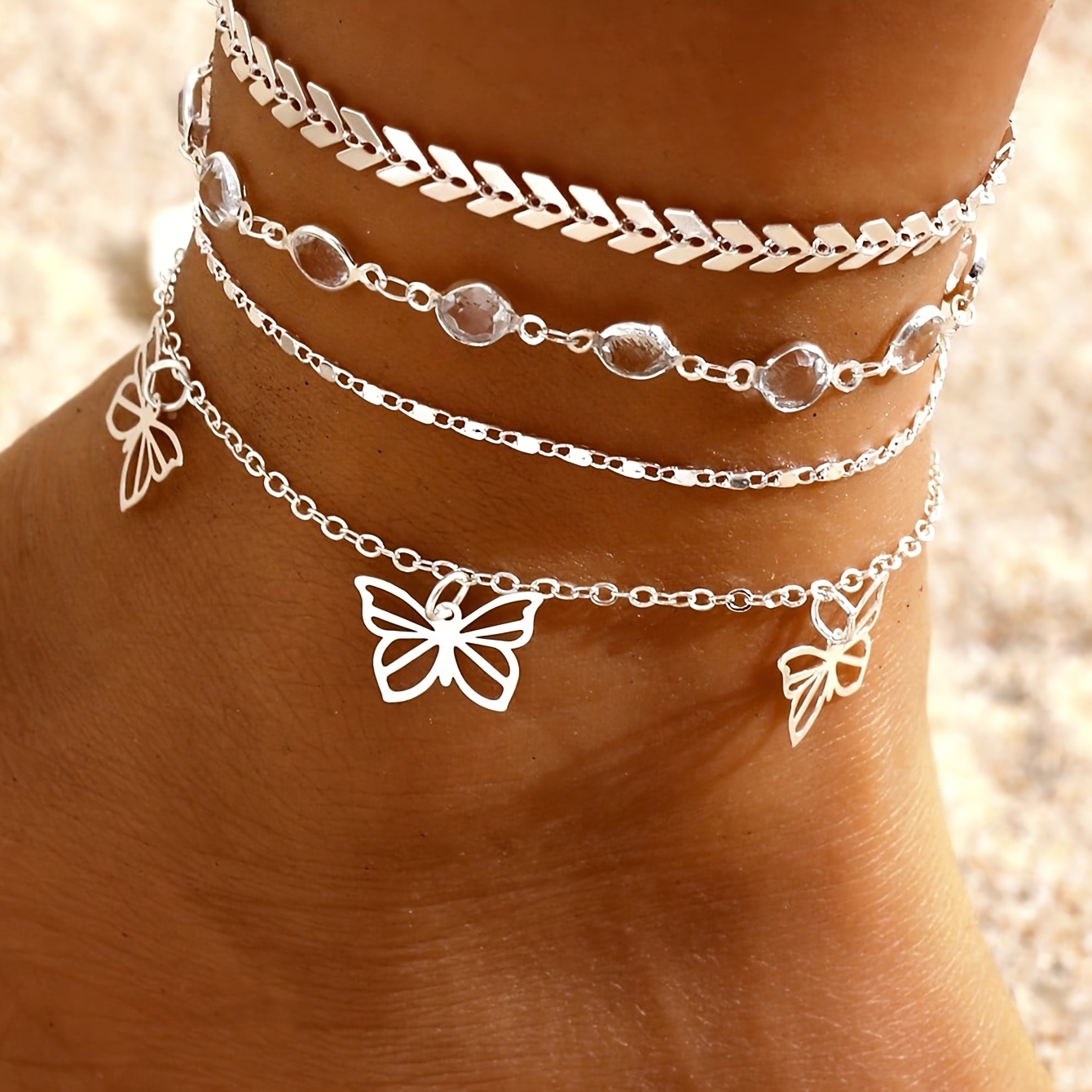 Image of A Set Of Stylish New Minimalist Metal Beach-style Anklets With Pendants, Women's Foot Jewelry, A Holiday Gift For A Friend Or Mother