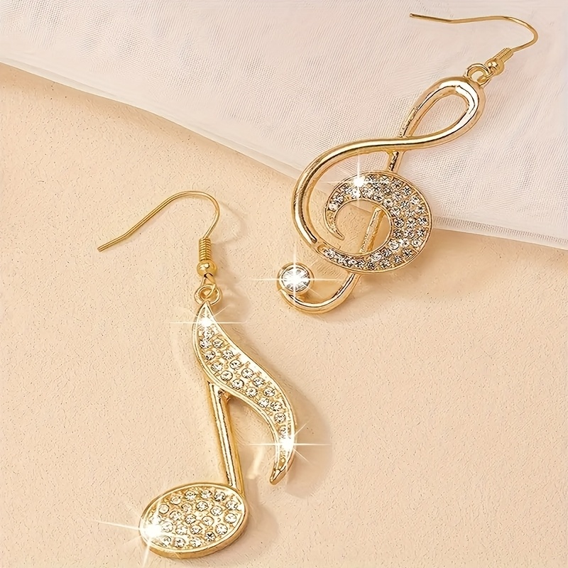 TEMU 1 Paire de Boucles d'Oreilles Pendantes Élégantes de Note de Musique Dorées avec Zirconia - de , Style Boho-Chic pour , Fêtes & Cadeaux, Boucles