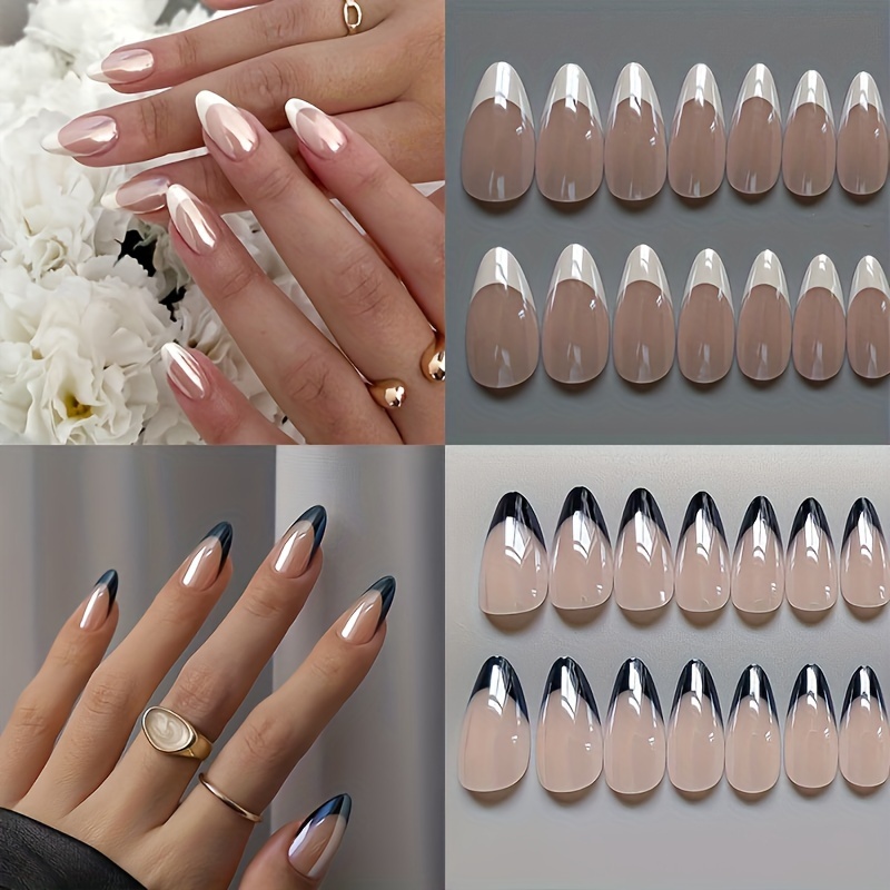 

2packs (48pcs) Press-on Nails, Gorgeous Chrome-plated Pink Glossy Nails, Almond Nails, Black And White French Simple Combination