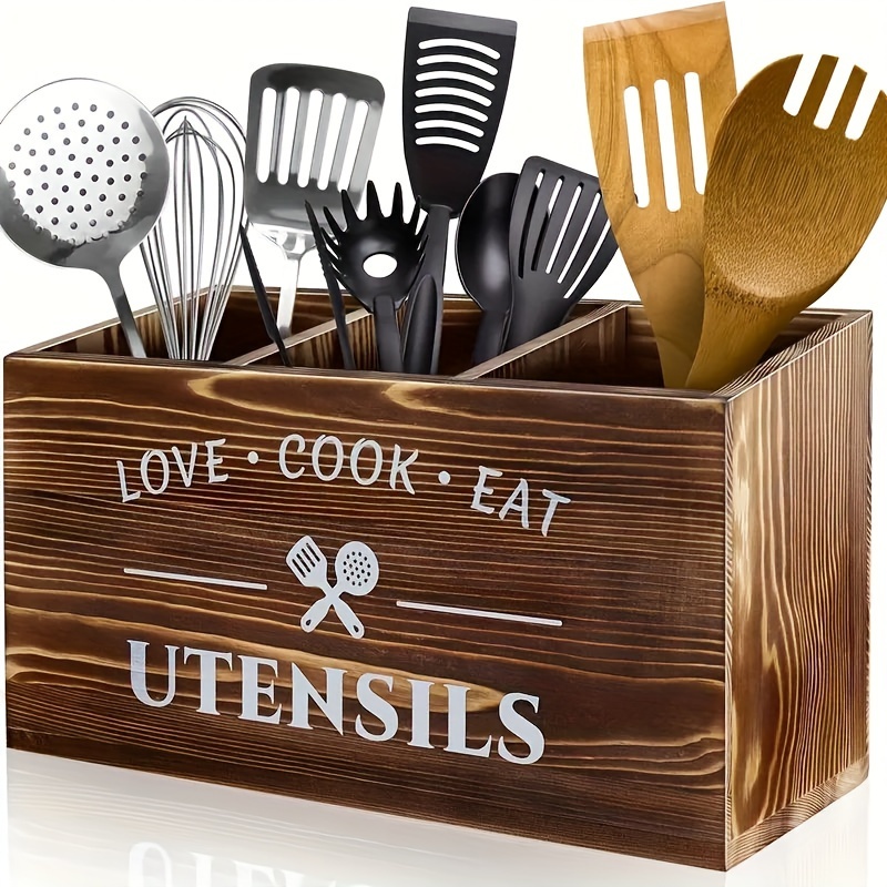 

1pc Rustic Wooden Kitchen Utensil Holder - Love Engraved Desktop Storage Box With Hanging Shelf For Chopsticks, Spoons, And More - Organizer For Home And Office Desk