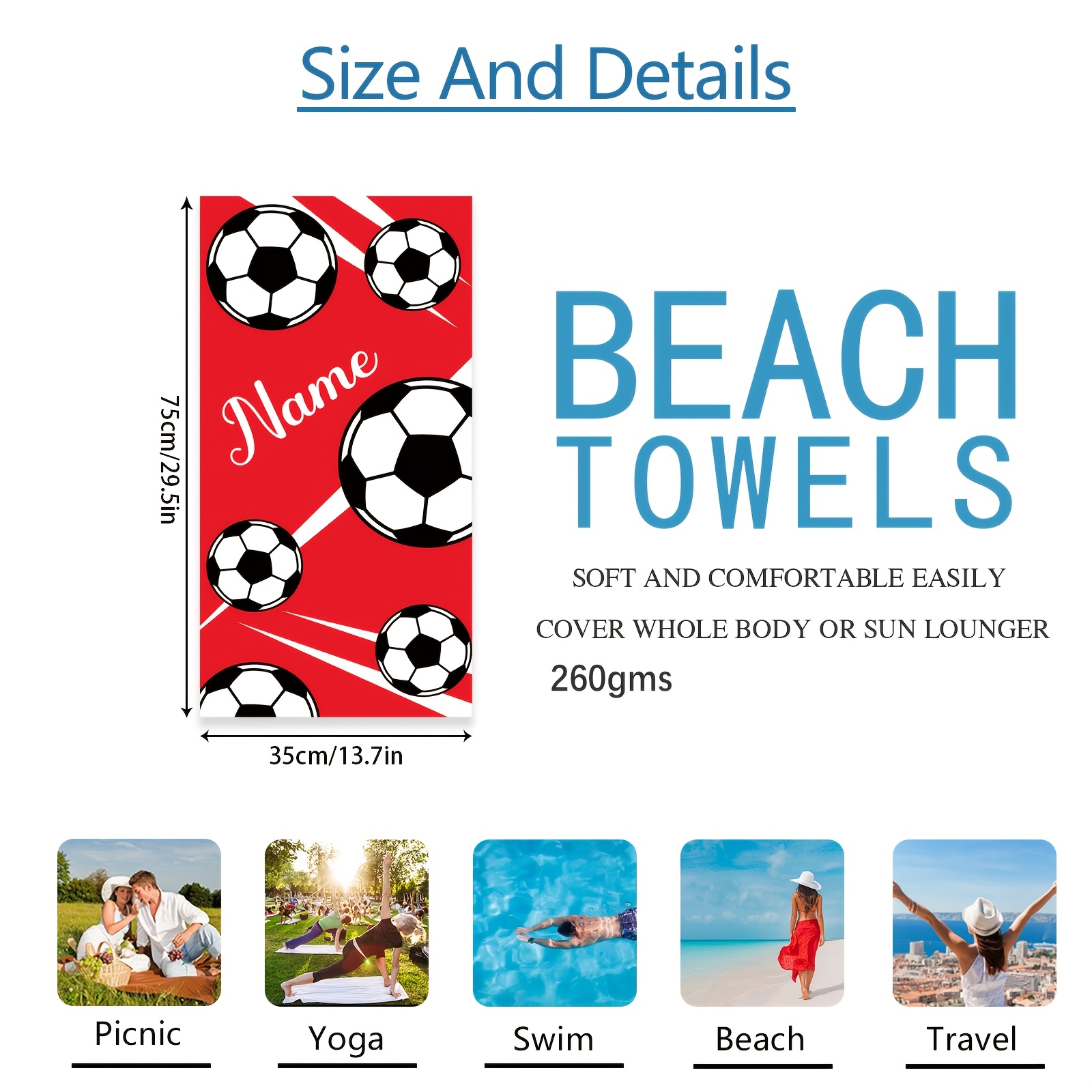 TEMU 1pc Custom Name Beach Towel, Personalized Towel, Soccer Personalized Beach Towel, Towel With Name, Birthday Gift, Colorful Towel, Custom Beach