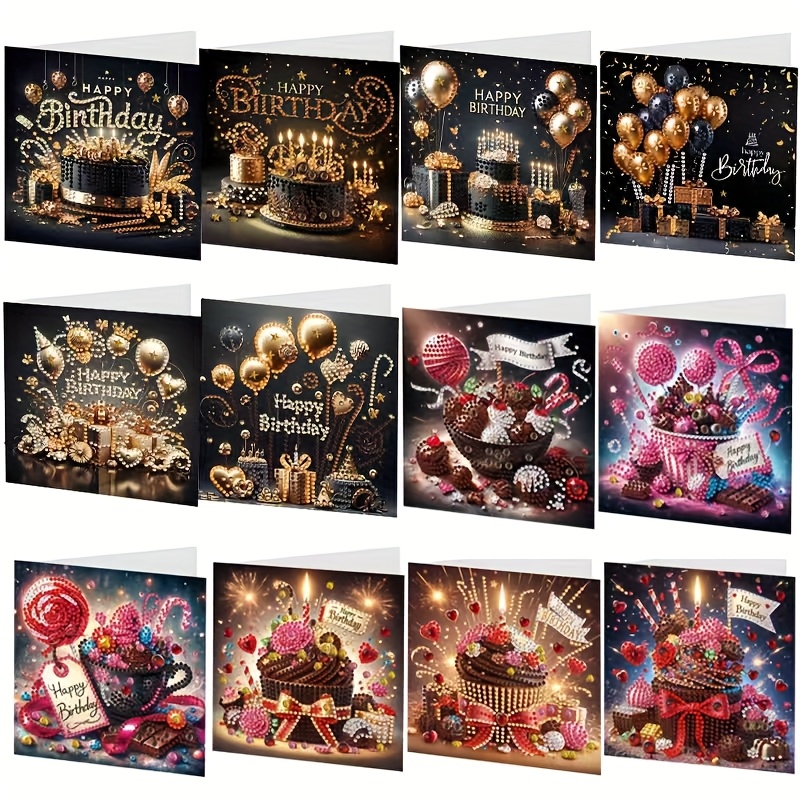 TEMU 12pcs Set - Birthday Card - A Gift Suitable For , Happy Birthday - Diamond Painting Card Set, Postcards With Irregular Rhinestone Painting
