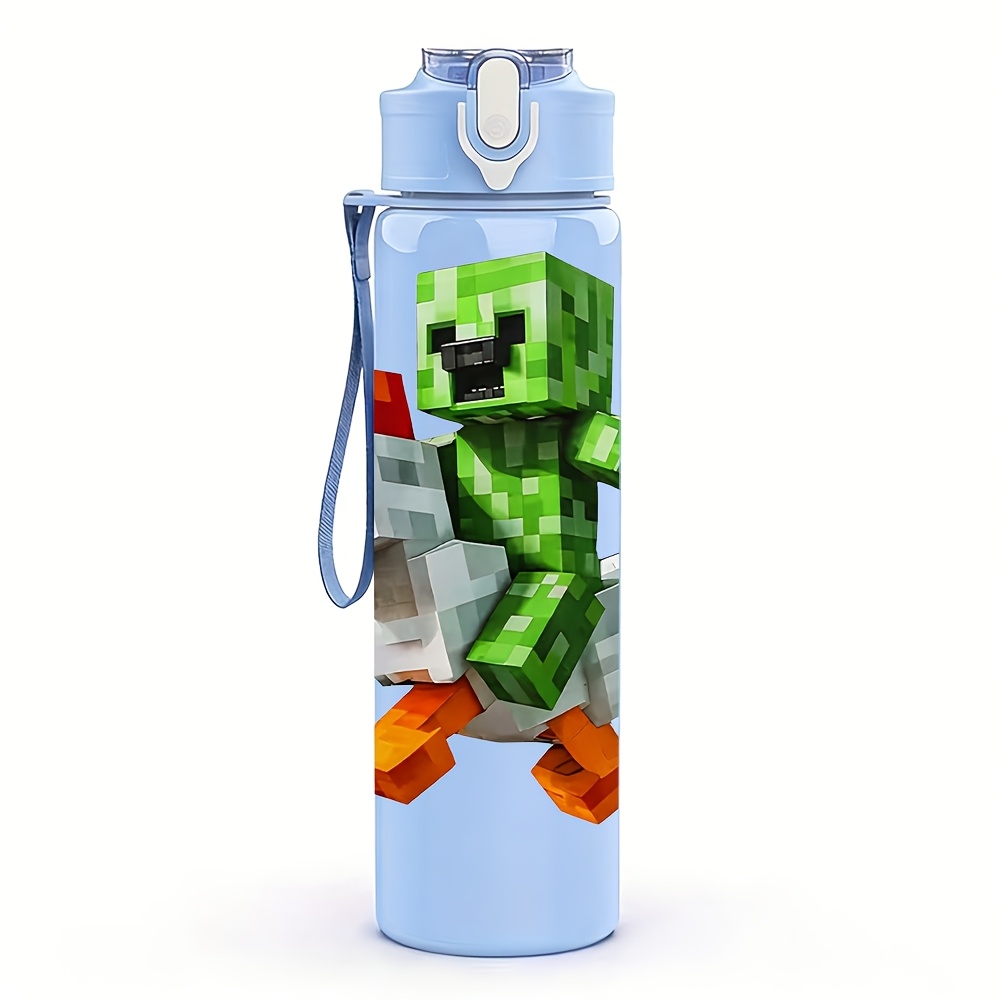 TEMU 1pc Block-based Game Creeper Riding A Chicken, 750ml/26oz Colorful Plastic Sports Water Bottle, Cute Print, Leak-proof With Pop-up Lid, Suitable