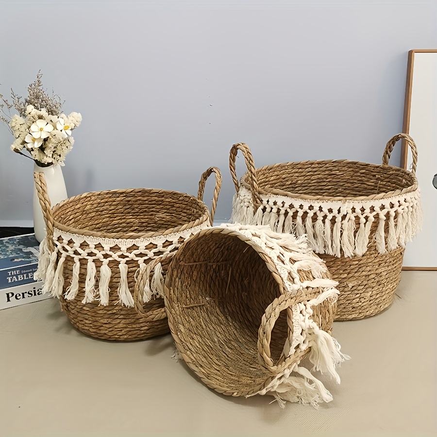3pcs Round Storage Baskets designed with Lace, Natural Decorative Braided Rope Baskets with Handles for Shelves Blankets Organizing, Storage Basket Planters, Boho Decor for Entryway, Living Room, Bedroom, Fall decorations for home, Laundry Baskets