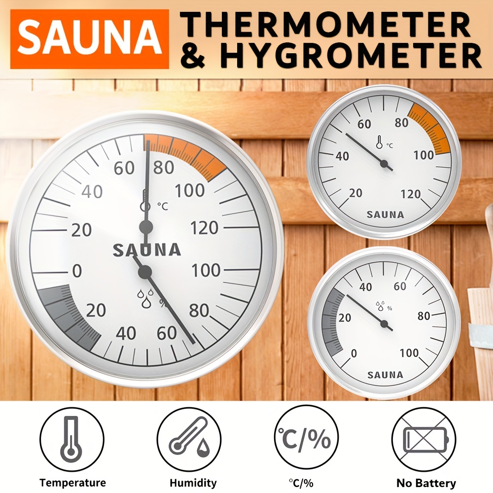 1 vnt. Saunos termohigrometras 2-in-1 vidaus drėgmės ir temperatūros matuoklis, medžio/nerūdijančio plieno medžiaga, Celsijaus/Farenheito temperatūra