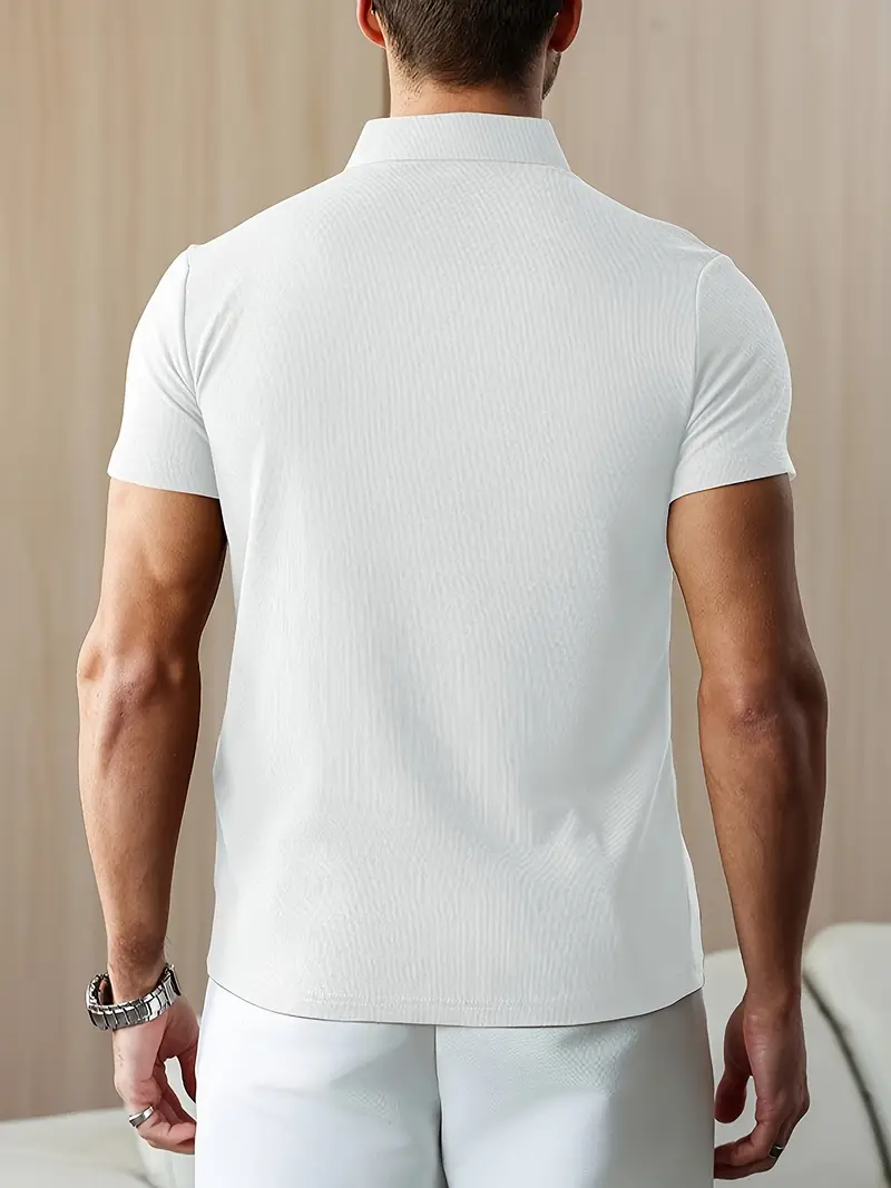 mens summer shirt solid color casual short sleeve with button collar lightweight polyester for sports outdoor leisure activities casual summer wear knitted weave details 13
