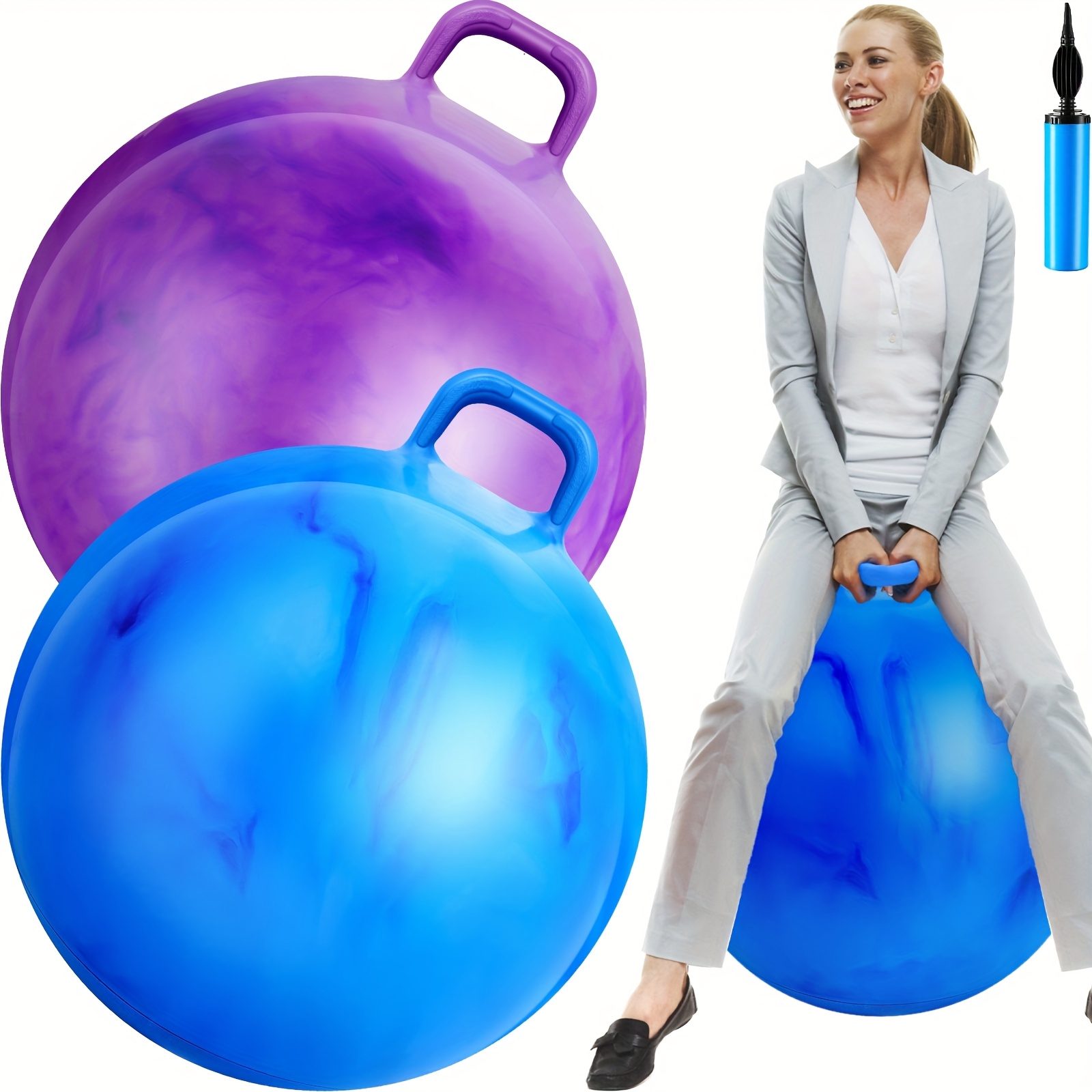 TEMU 2pcs 31 Inch Big Bouncing Ball With Handle Jumping Hopper Bouncy Ball For Adults Exercise And Air Pump For Outdoor Sports Game(gradient Purple, Gradient Blue)