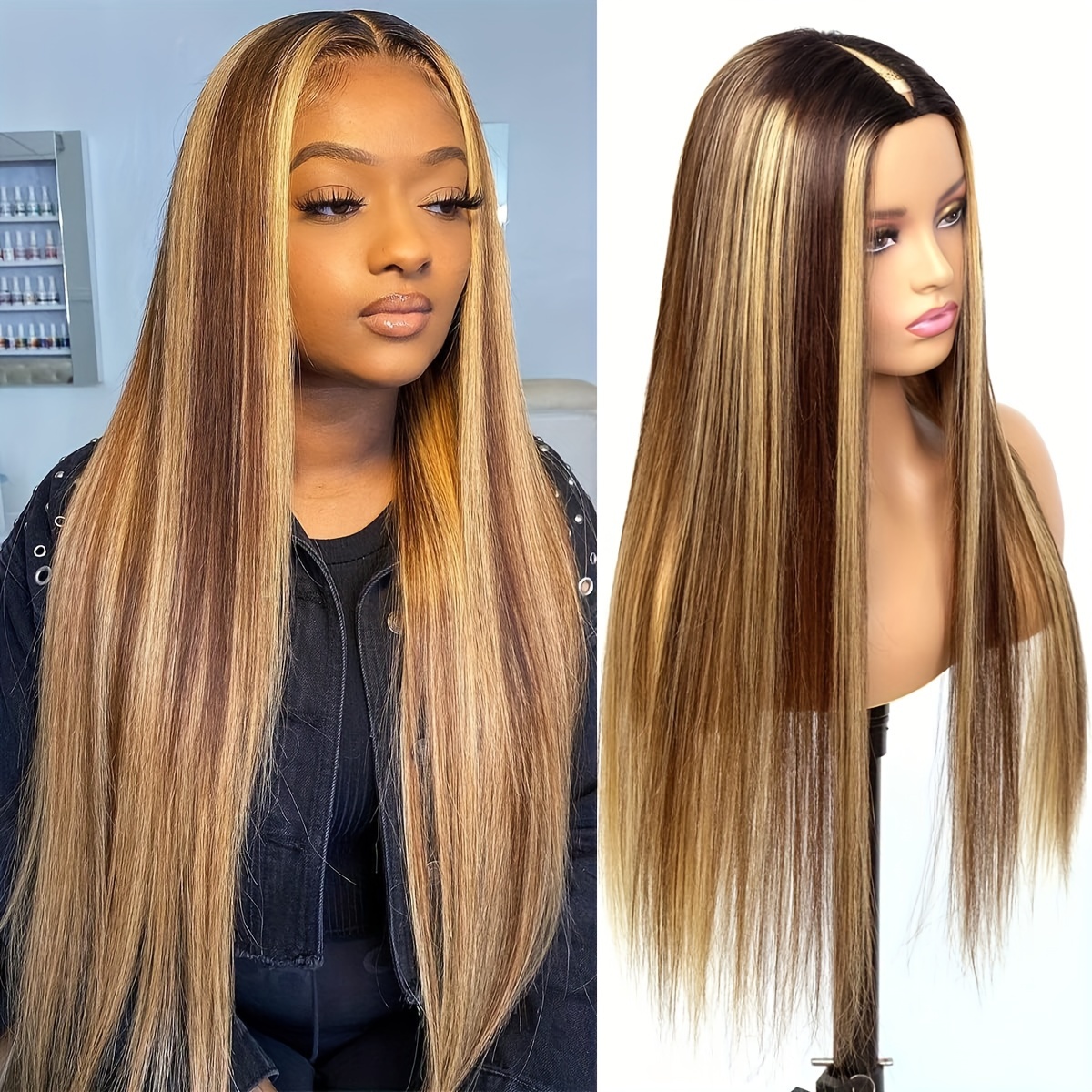 Glueless Highlight V Part Straight Human Hair Wig Honey Blonde 4 27 Colored Wig No Leave Out No Glue Needed V Shape Machine Made Wig 180