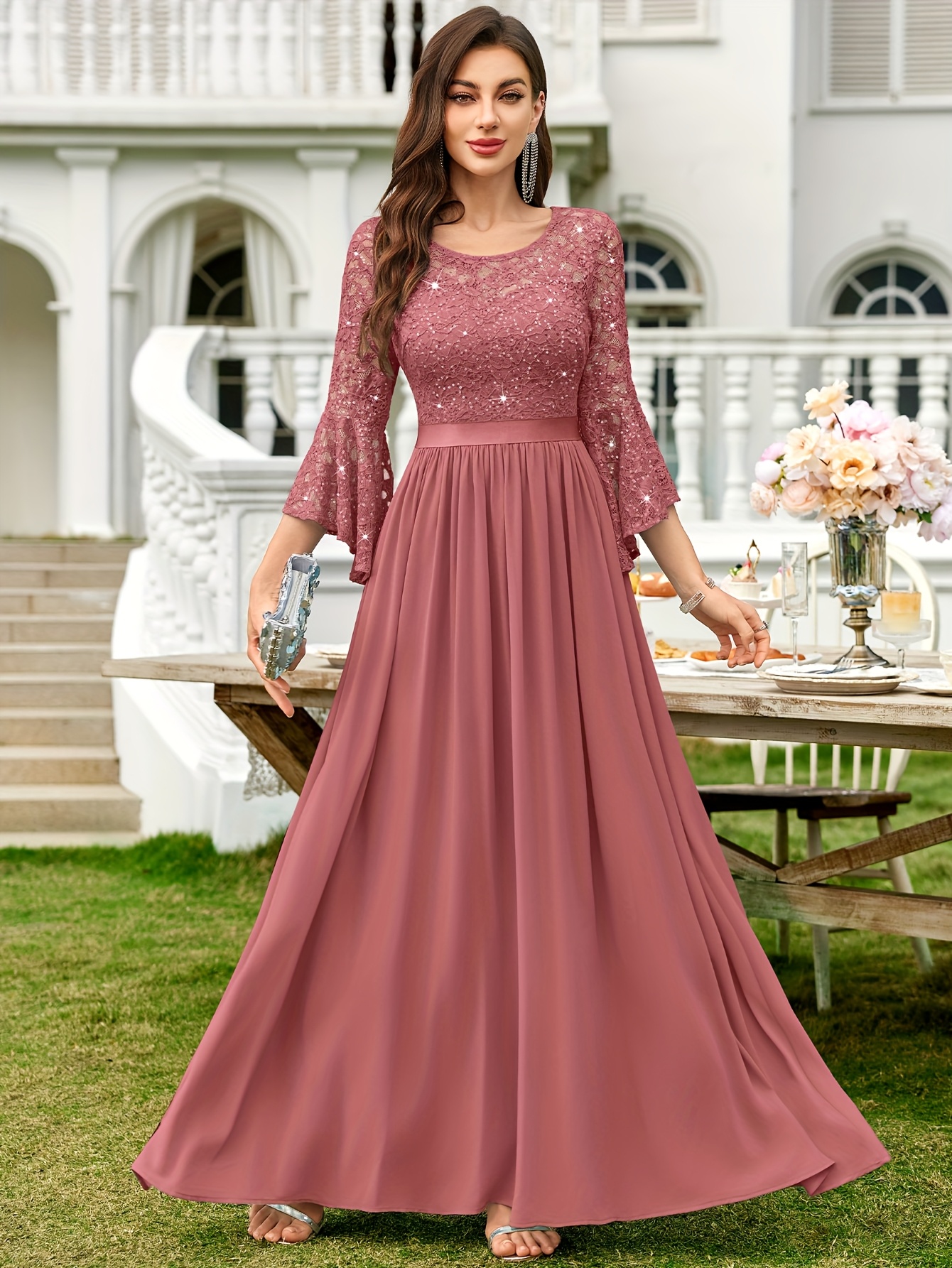 long lace and chiffon dress Sweetheart Lace Chiffon Corset Long Prom Dresses Ruffle PSK526 US0 / Hot Pink