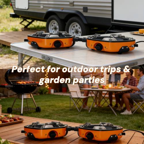 orange foldable double burner camping stove portable outdoor gas stove patio cassette stove ideal for trips garden use