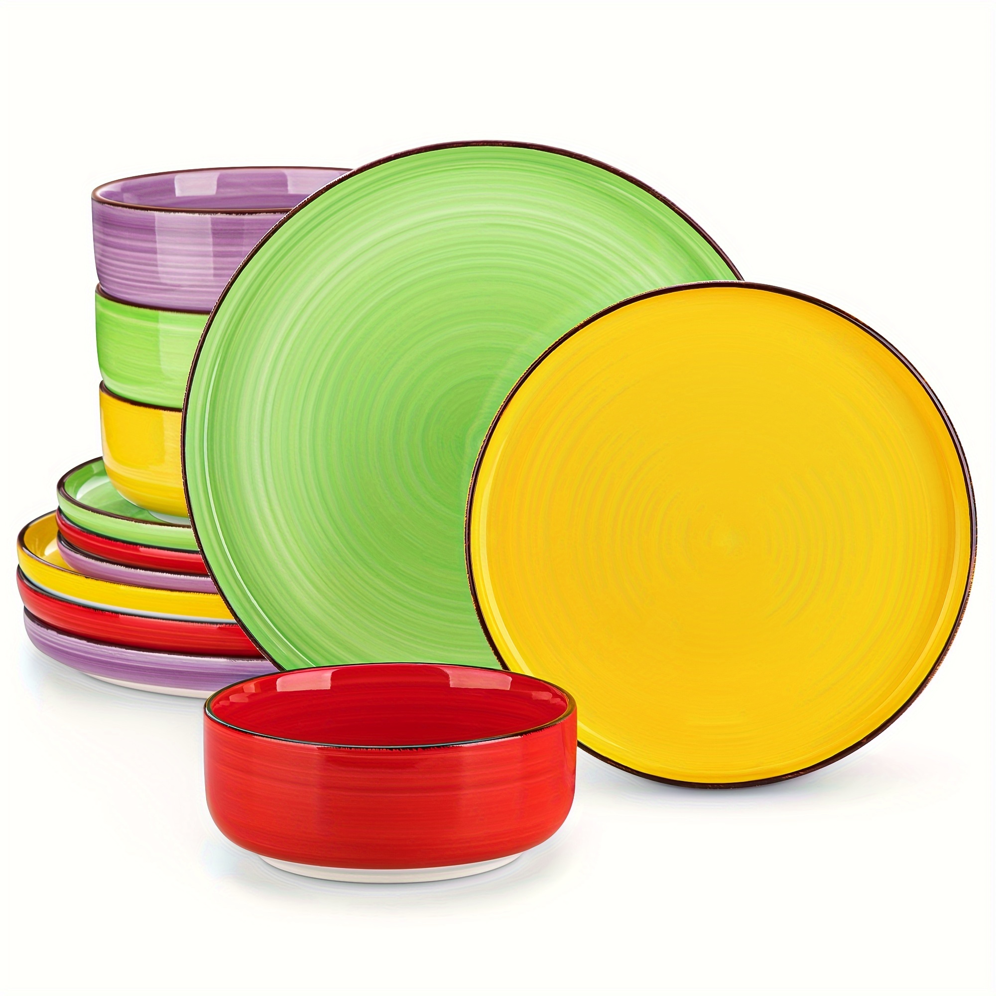 12pcs Dinner Set Colorful Stoneware Hand Painted Tableware With Dinner Plate, Dessert Plate And Cereal Bowl Service For 4