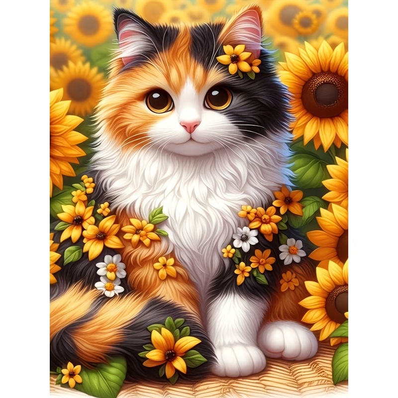 

1pc 5d Round Kit, Sunflower & Cat Theme, Animal Canvas Mosaic Embroidery Art, Wall Decor For Living Room, Bedroom, Study, Indoor , Perfect Gift For