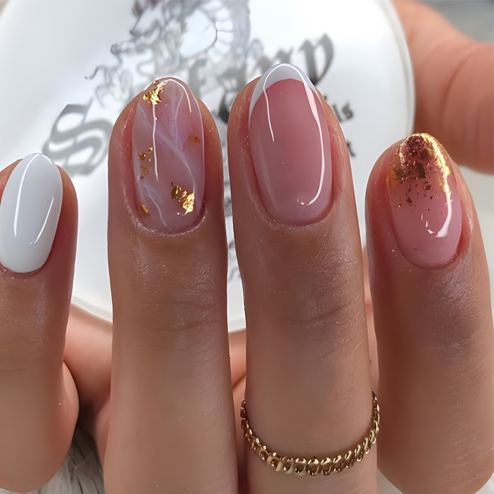 24pcs Medium Oval Press On Nails Pink Glitter Gradient Stripe Pattern French Style Fake Nails Glossy Artificial Finger Manicure False Nails