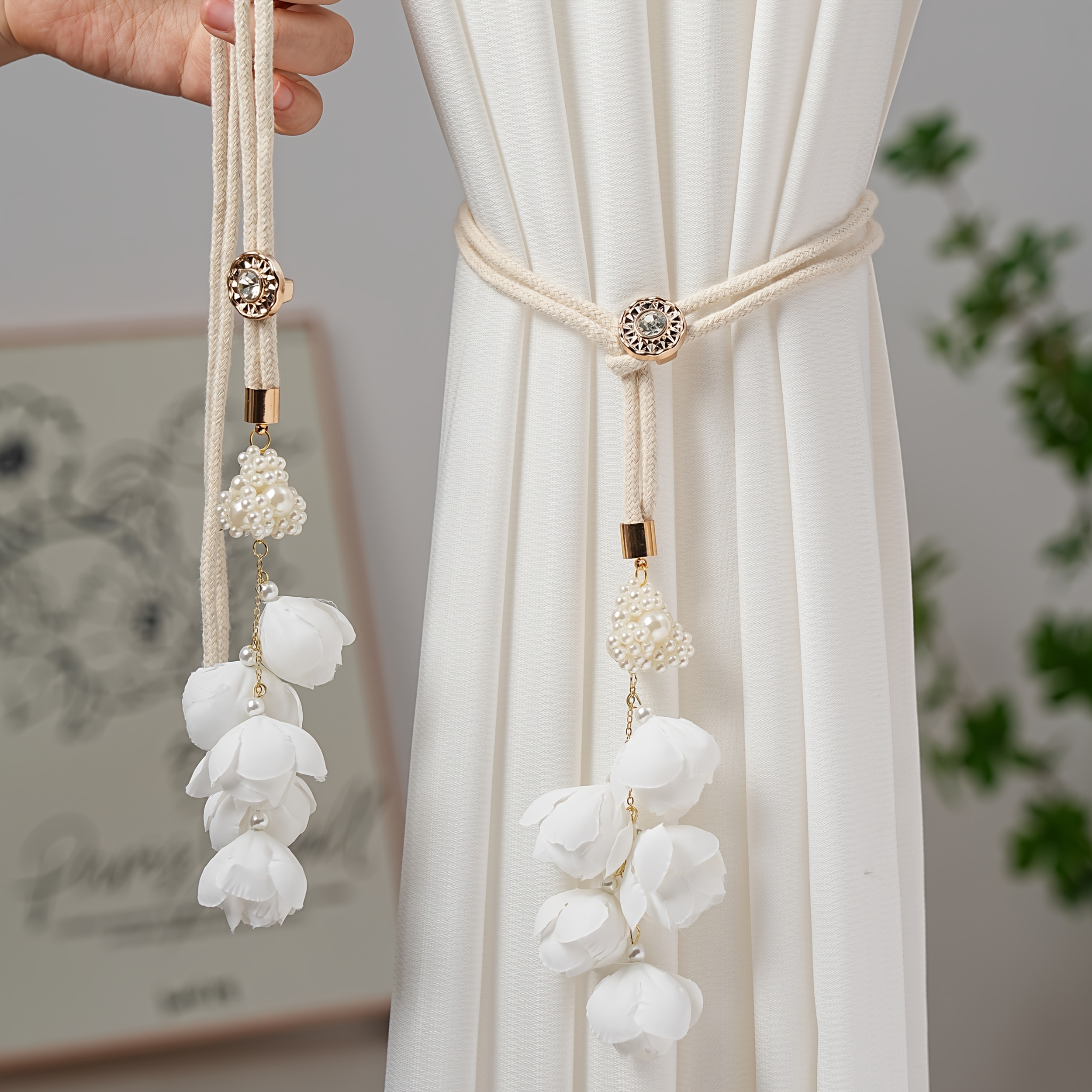 Image of 1pc/2pcs Flower Curtain Tieback Cord, Creative Floral Pendant Tie Cord, Adjustable Tieback, Curtain