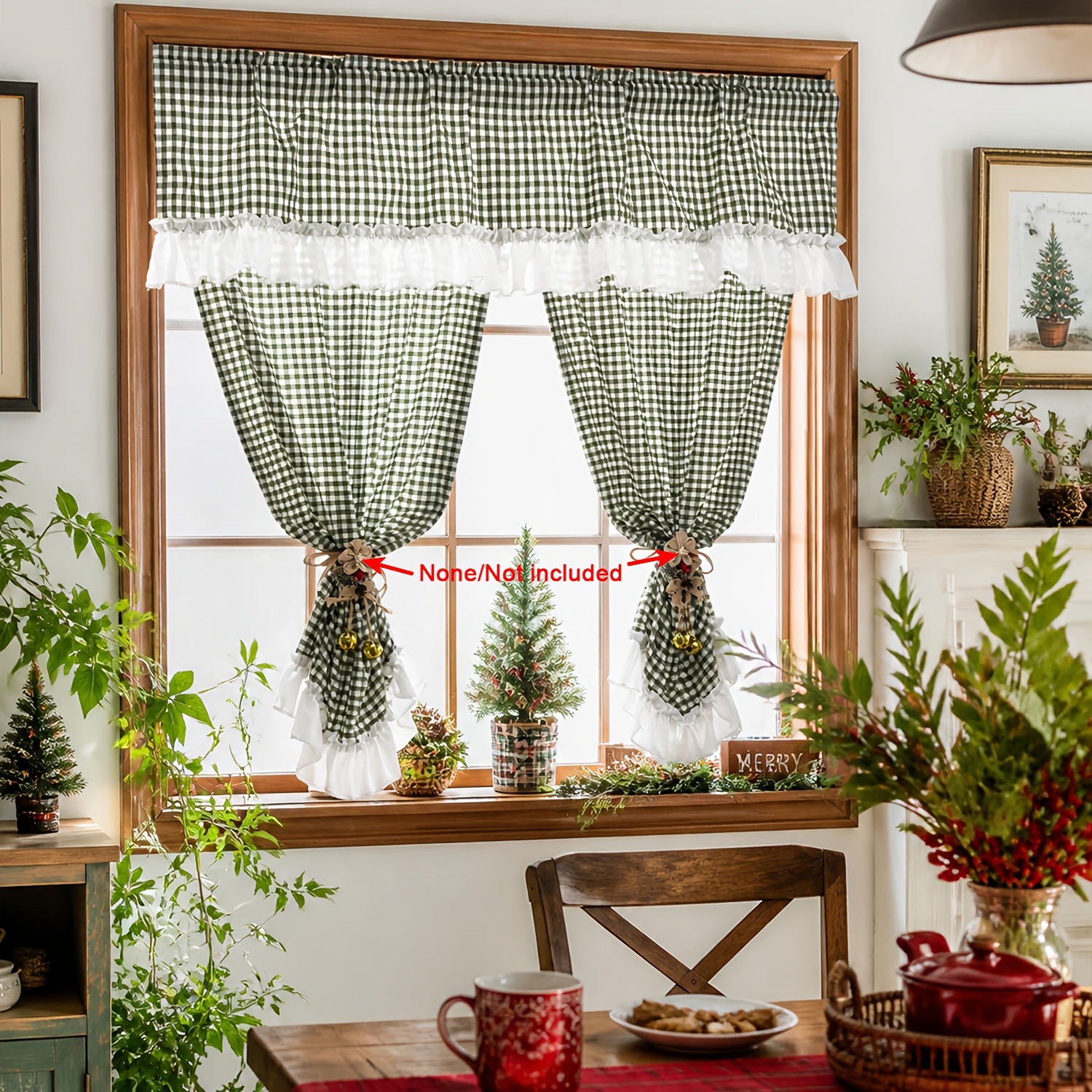 TEMU Green Gingham Cafe Curtain Set, Valance With 2 Panel Side Curtains, Rod Pocket Farmhouse Light Filtering Curtains, Style Small Window Half