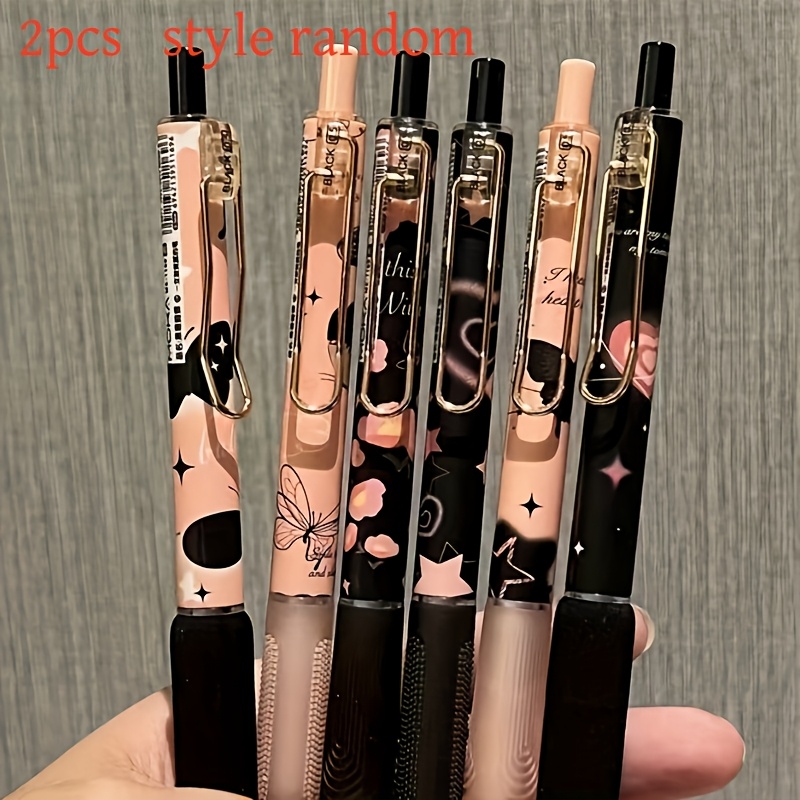 Random 2pcs Black Ballpoint Ballpoint Pen Set, Plastic Retractable Medium Point 0.5mm Black, Suitable For Students, Cute Stationery Writing Ballpoint Pen