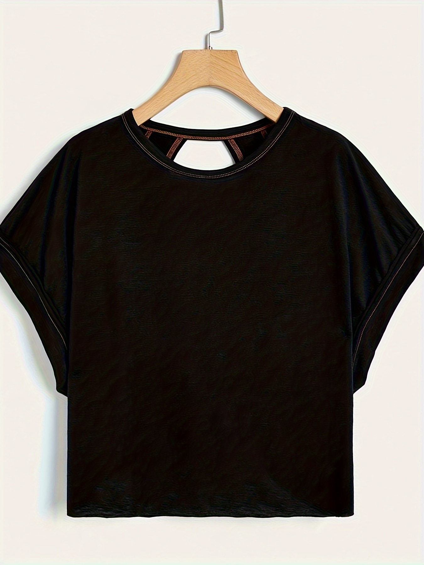 womens y batwing sleeve back cut out t shirt breathable fabric round neck machine washable   casual top versatile clothing back detail shirt nontransparent fabric black 0