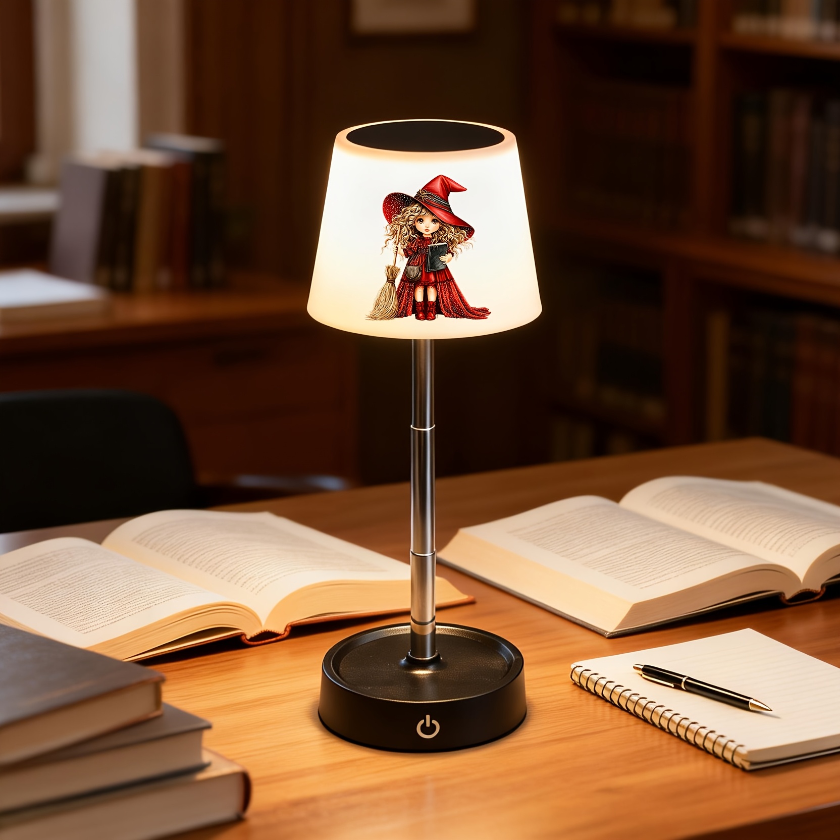 Little Red Witch Broom Magic Book Halloween Pattern Desk Lamp, Rechargeable & Dimmable