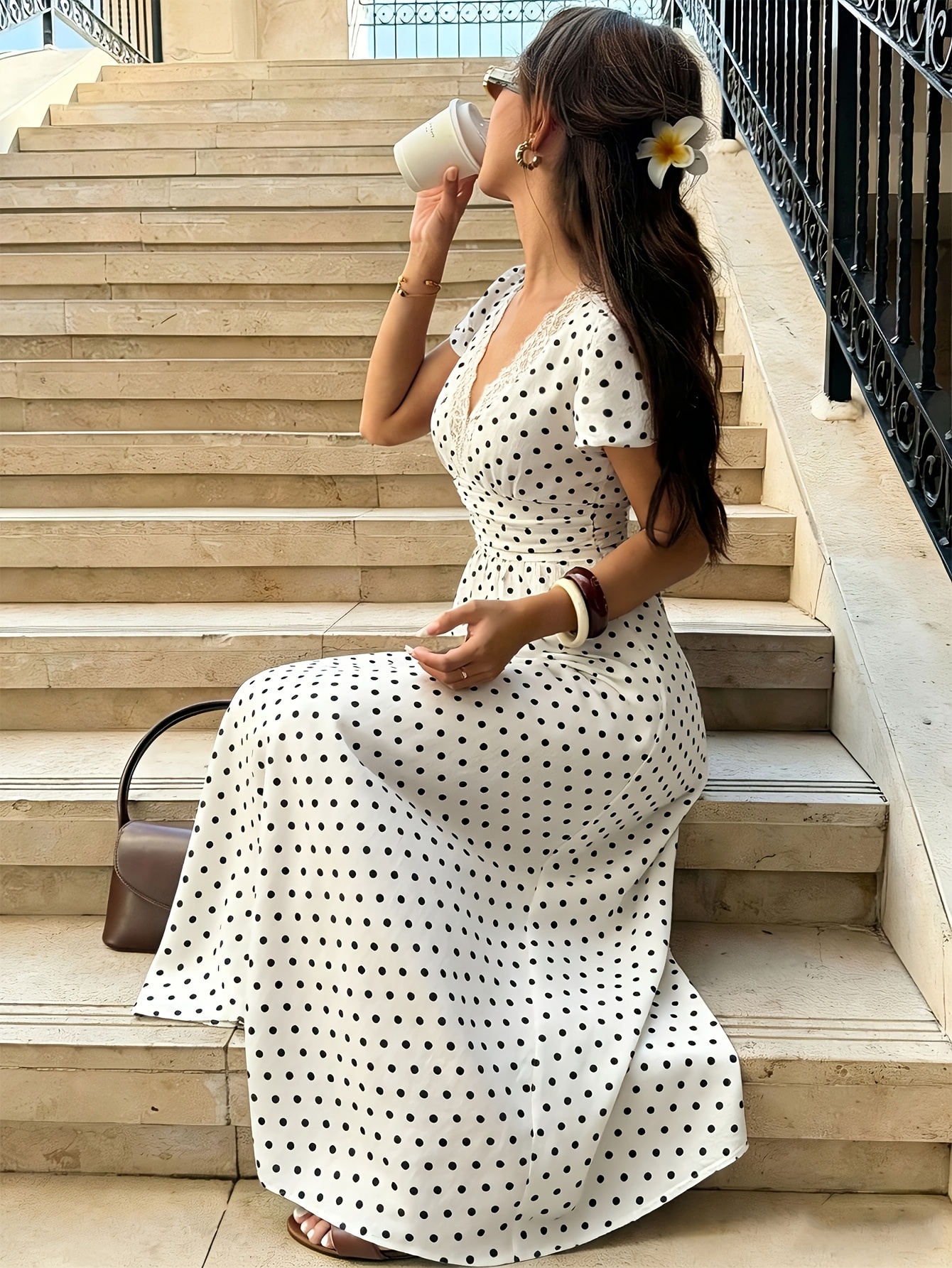 summer simple elegant v neck polka dot lace trim midi dress - Temu Oman