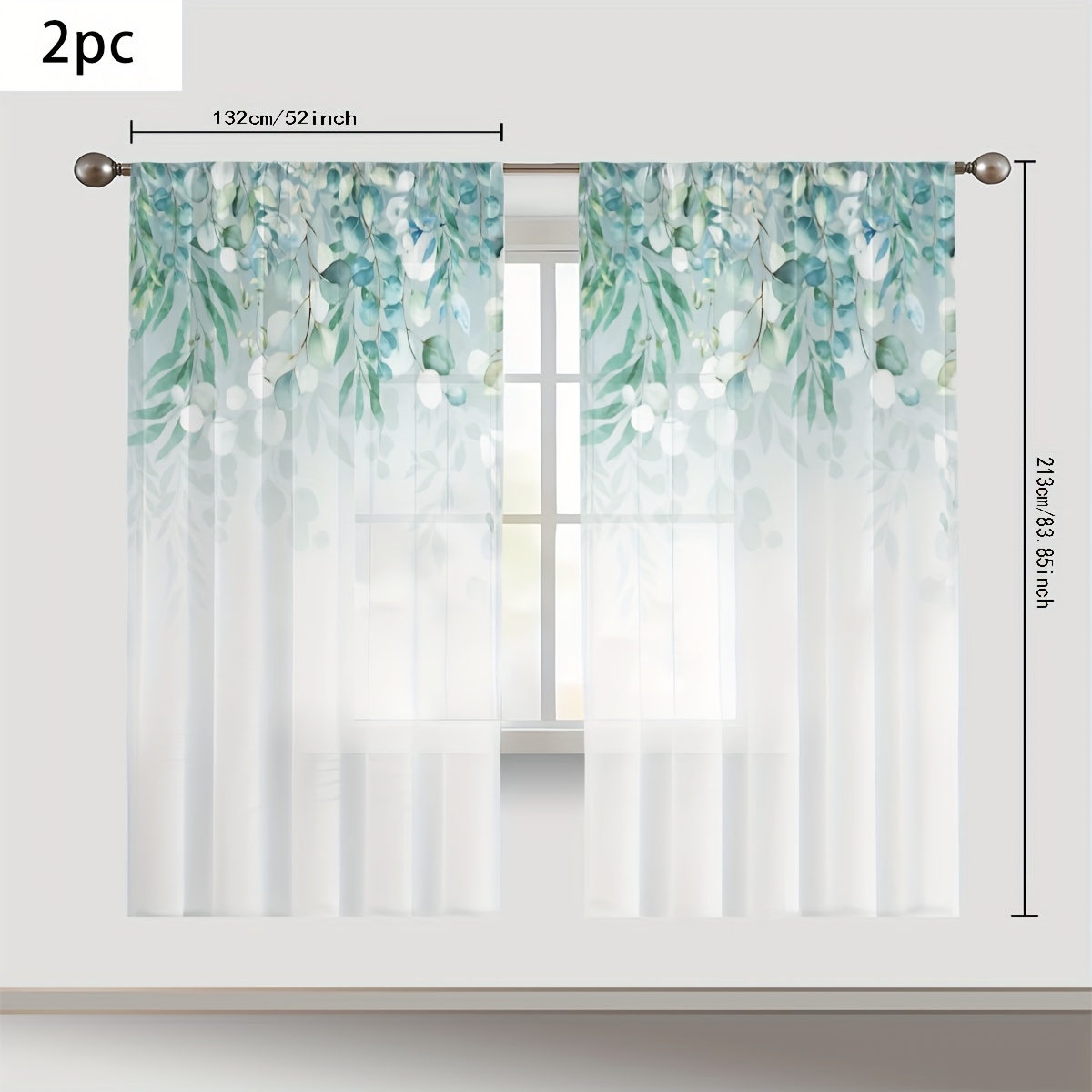 TEMU 2pcs Gradient Leaf Print, Breathable Polyester Fabric, Curtain Rod Pockets For Living Room And Bedroom Decoration, Soft And Elegant, Privacy