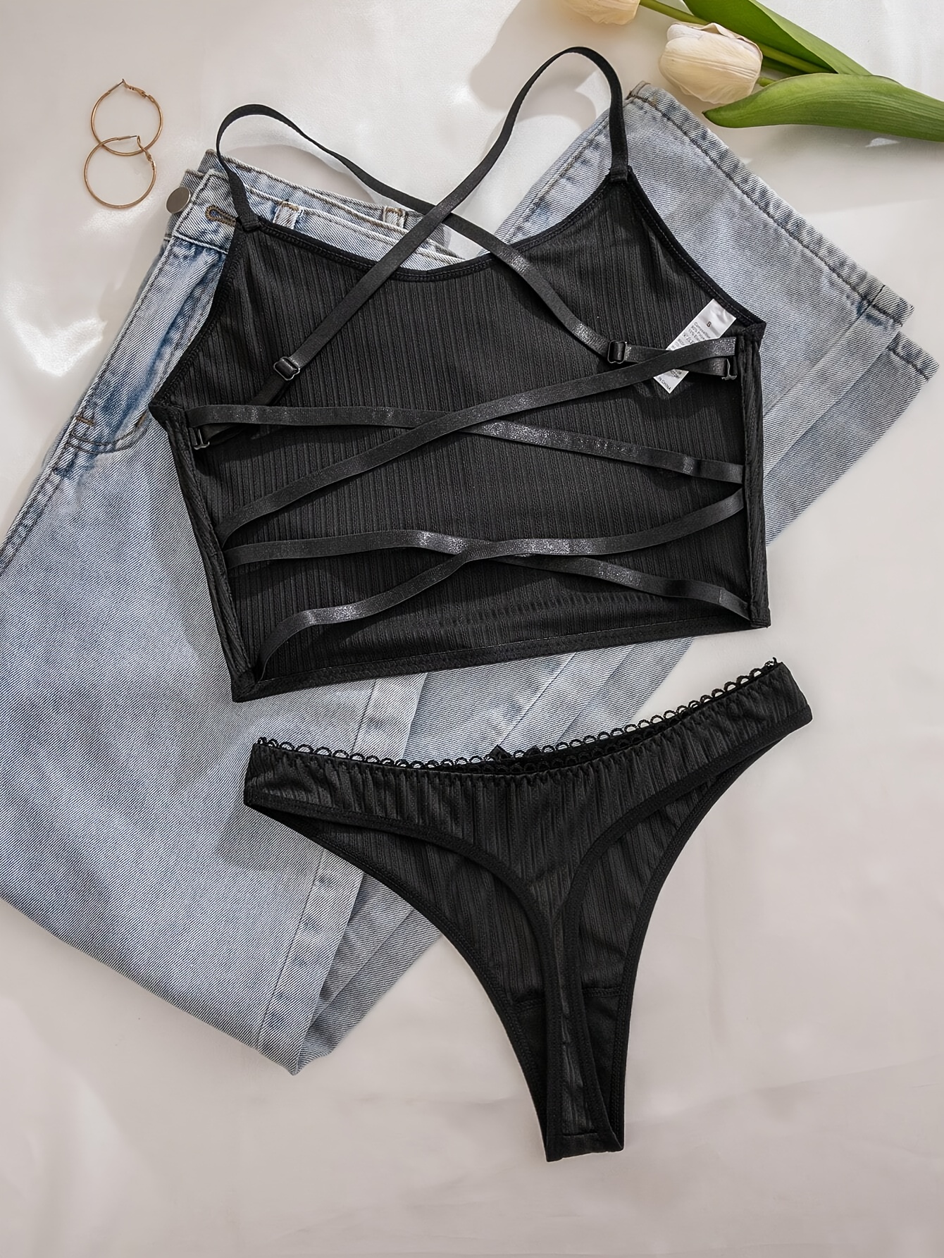 2pcs Women'S Sexy Ribbed Lingerie Set - Black, Strapless, Cross-Strap Design with Bow Detail, Perfect for Adult, Adult Lingerie|Elegant Lingerie|Strapless Top, Lingerie Sets
