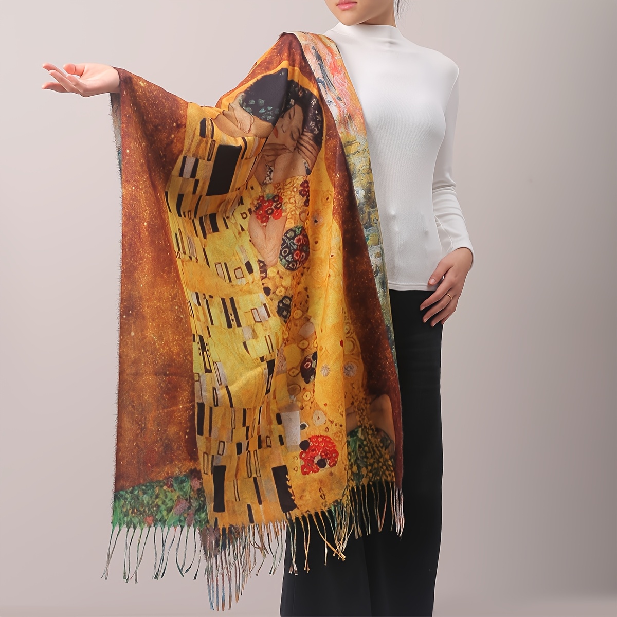 Retro Fashion Oil Painting World Double-sided Printed Scarf, Warm And Comfortable