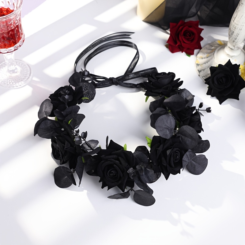 Gothic Black Rose & Butterfly Wreath Headpiece